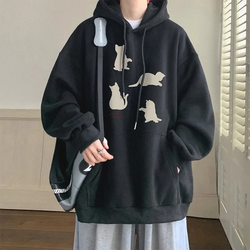 سويت شيرت بقلنسوة للرجال للخريف والشتاء مخملي سميك مطبوع عليه قطة بلوفرات عصرية على الطراز الأمريكي #3
