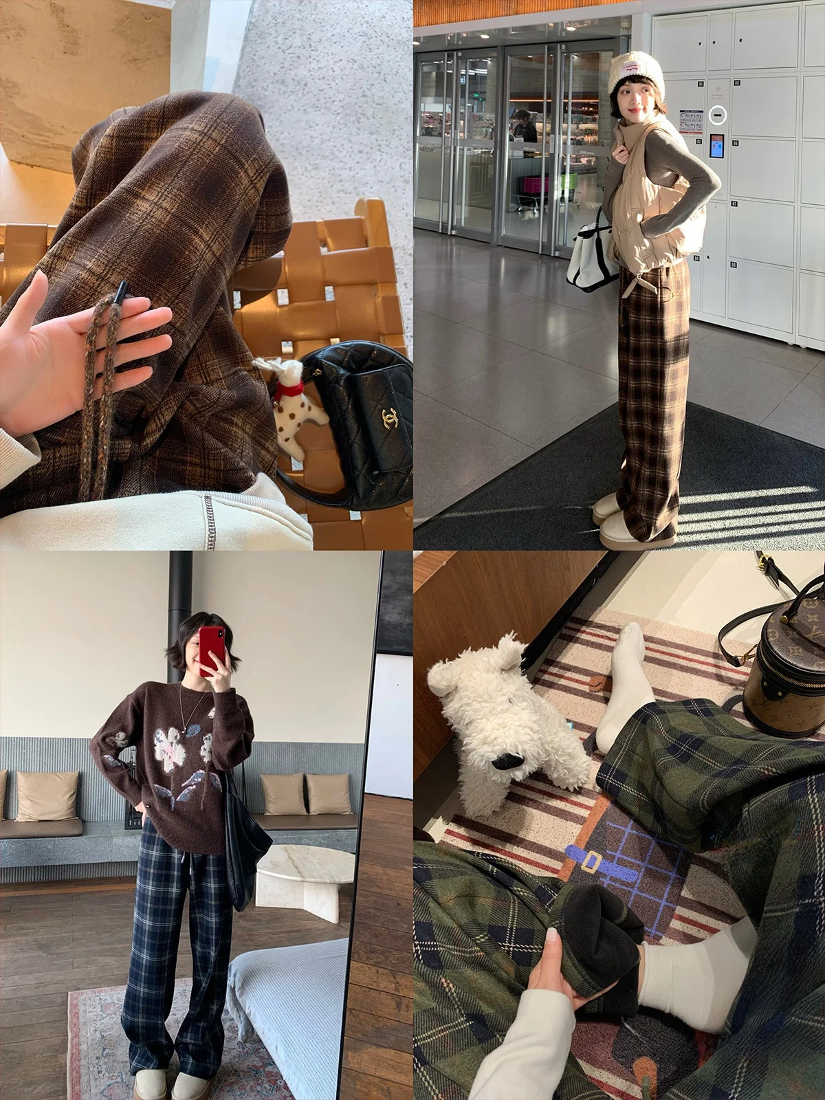 

Plaid Pants Fleece Lined Elastic Waist Slimming Super Warm Silver Velvet Autumn Wide Leg Pants Ladies Casual