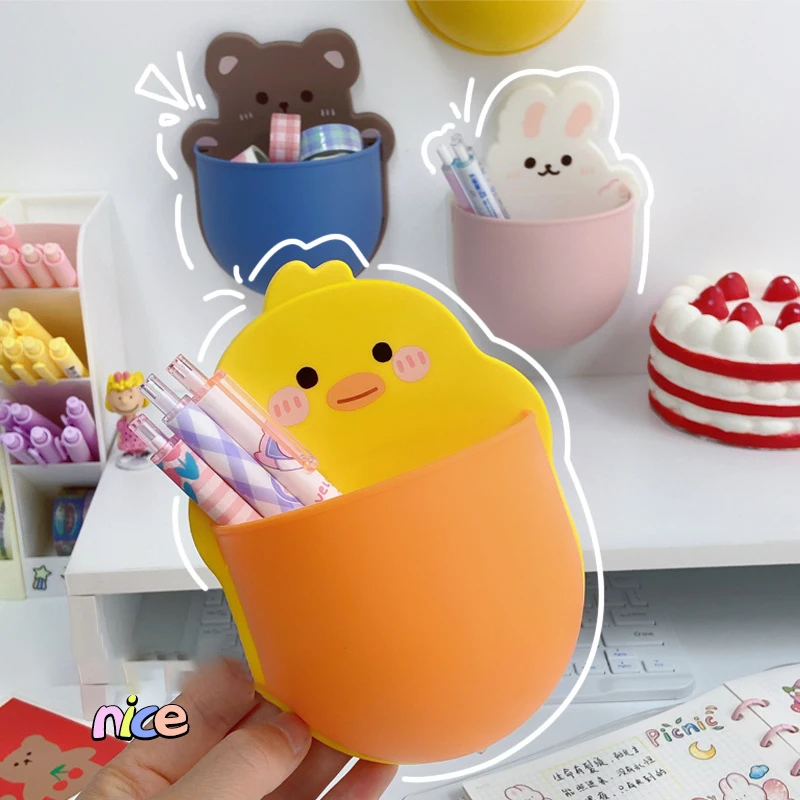 Self Adhesive Pen Holder Kawaii Cartoon Animals Storage Rack Multifunction Scissors Cosmetics Brushes Pen Holder Desk Organizer