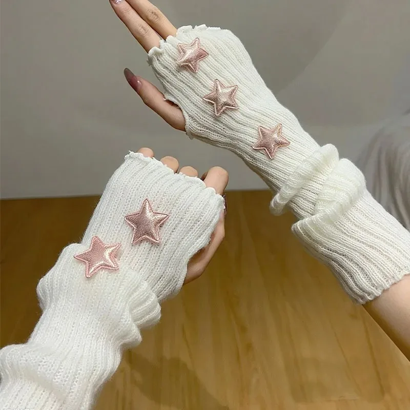 ถุงมือยาวแบบไม่มีนิ้ว สไตล์ Y2K ปลอกแขนถักไหมพรม ปลอกแขนกันหนาว สีดำ สีขาว ถุงมือครึ่งนิ้ว