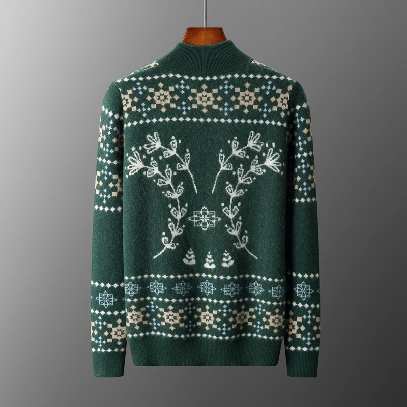 Jacquard Thickened 100% Cashmere Sweater Men Half Turtleneck Knitted Loose Half-Zip Base Shirt Color Block Pullover Sweater