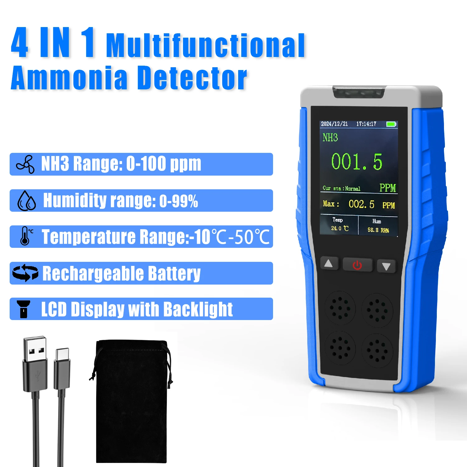 HOLDPEAK Portable Ammonia Gas Detector, 0-100ppm Rechargeable NH3 Analyzer with LCD Screen, Dual Alarm, Temp & Humidity Display