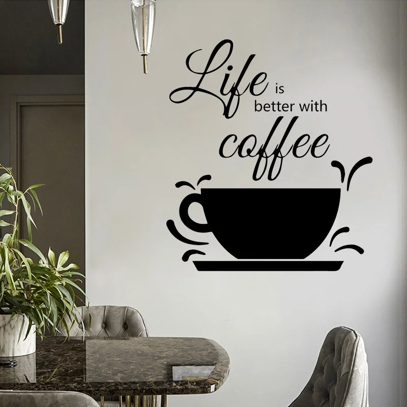 Life Is Better with Coffee Quotes Kitchen Wall Stickers Vinyl Home Decor for Cafe Shop Fashion Coffee Cup Decals Wallpaper D581