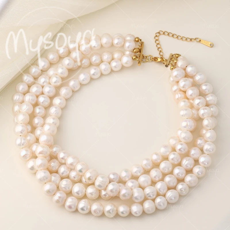 MYSOYA 5-6mm Four-layer White Freshwater Pearl Necklace, Suitable for Birthday/ Wedding/ Mother's Day/ Father's Day Gift A0816