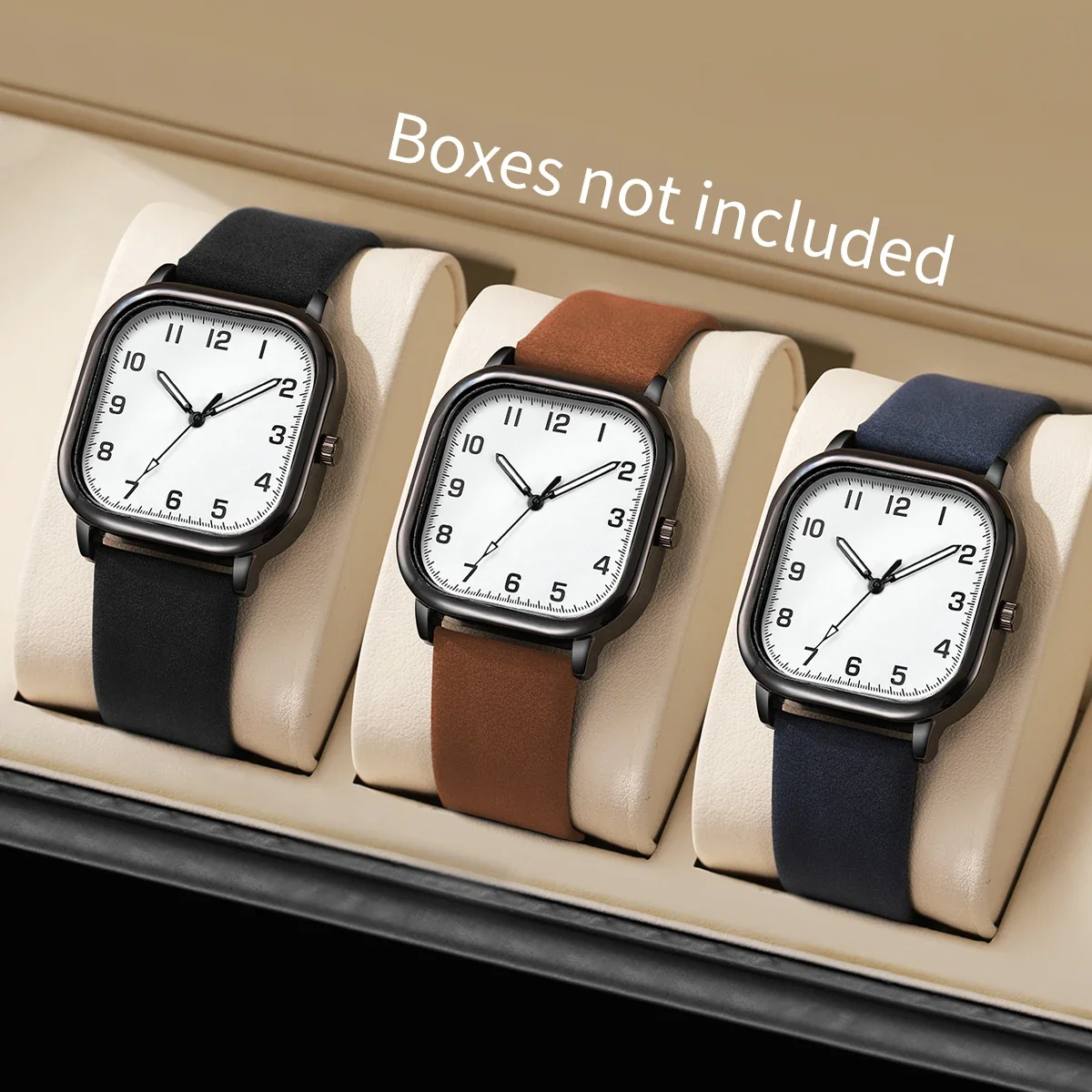 3 Piece Men's Business Watches Fashion Square Arabic Dial Watch Quartz Casual Leather Bracelet Watches(Without Box)