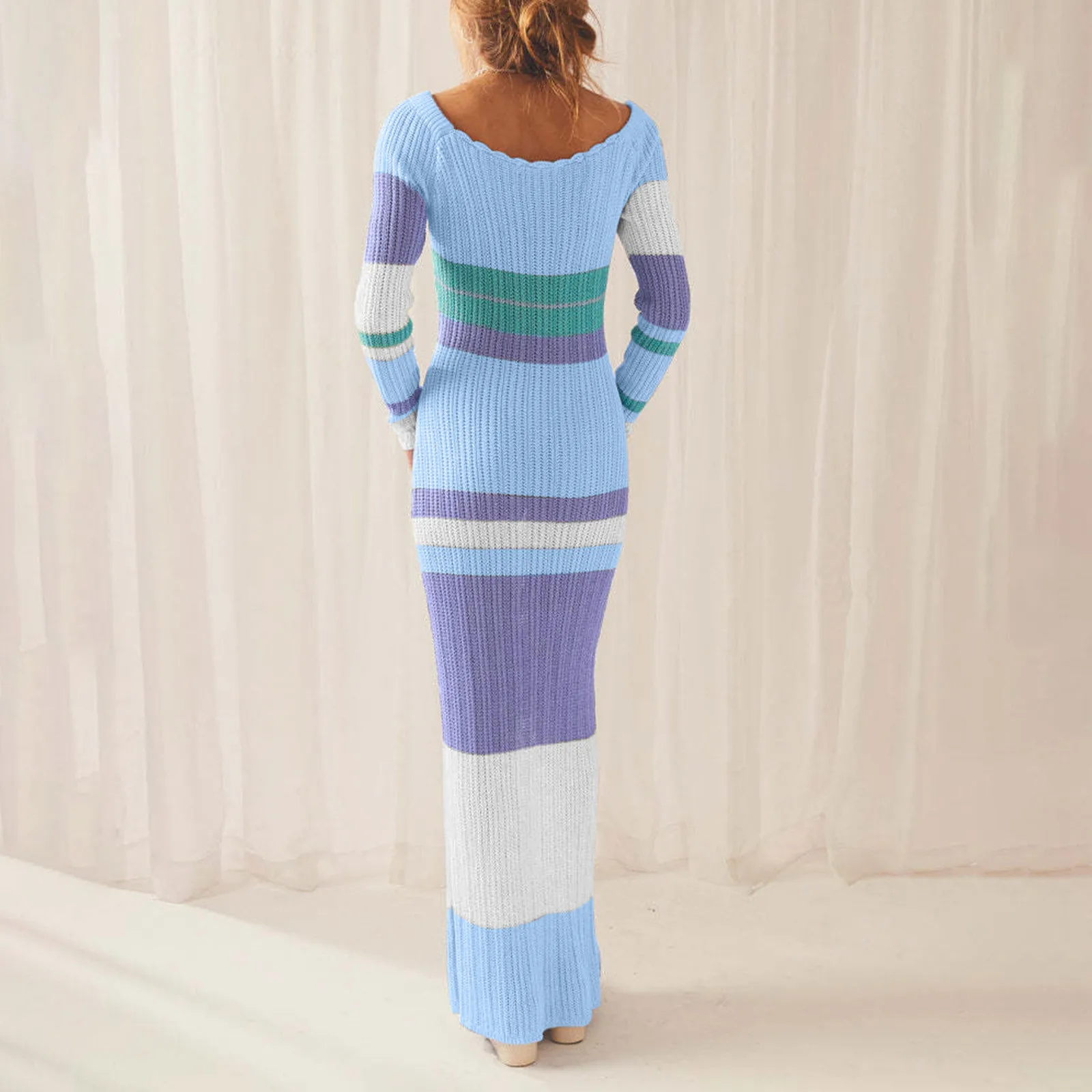 Women’s Striped Knit Long Dress Long Sleeve Square Neck Color Block Bodycon Dress Sexy Off Shoulder Dress 2000s Streetwear ﻿