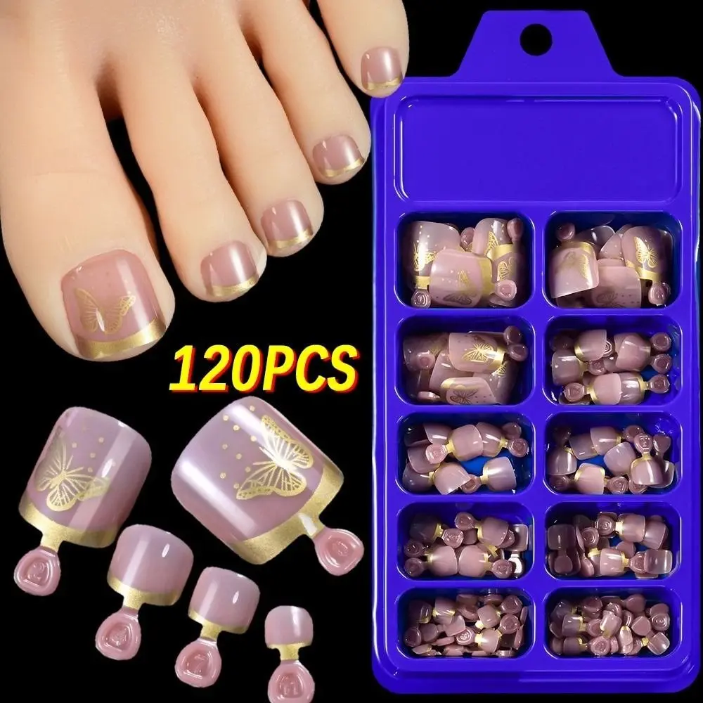 120Pcs/Box Nude Pink Short Square False Nails Butterfly Design Glossy Smooth Surface Artificial Foot Nails Comfort Fit