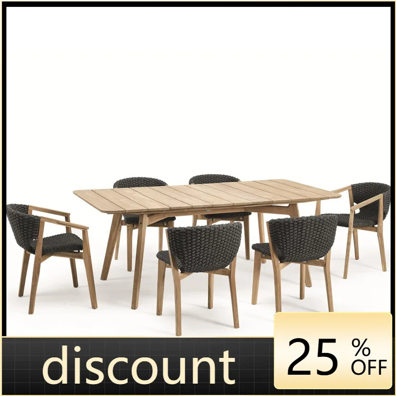 

LMM Outdoor Teak Table and Chair Villa Terrace Casual Simple Dining Table Rope Chair