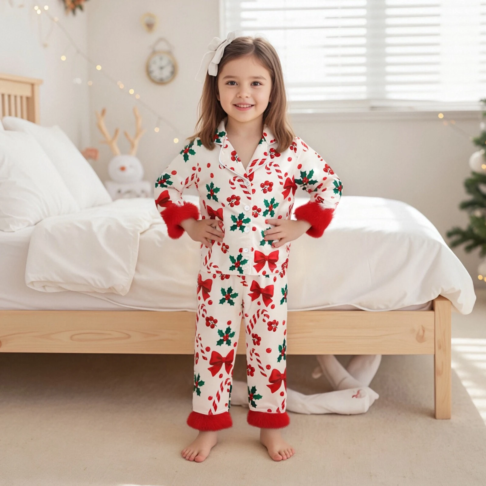 FOCUSNORM 0-7Y طفل أطفال فتاة عيد الميلاد بيجامة من الساتان الملابس مجموعة قصب الحلوى القوس طباعة التلبيب كم طويل زر أسفل بانت #3