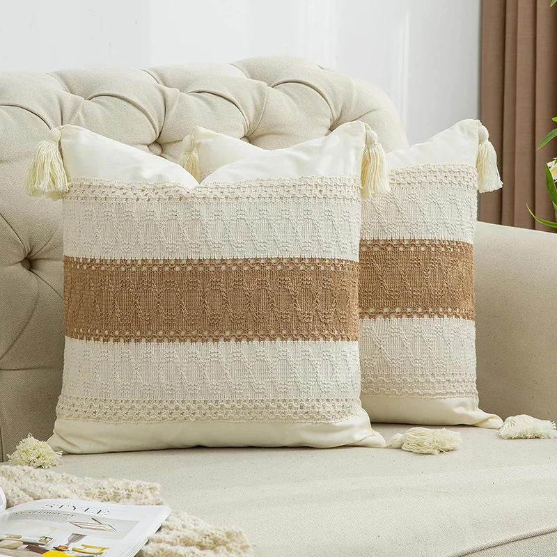 

Boho Throw Pillow Covers Woven Tufted Farmhouse Pillow Cover with Tassels Textured Striped Cushion Case for Sofa Couch Bed Decor
