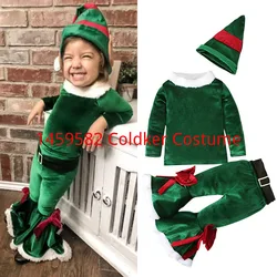 New Girls Christmas Cosplay Long Sleeve Bell Bottom Velvet Suit Carnival Party Santa Claus Costume 4 Piece 2-8 Years Old
