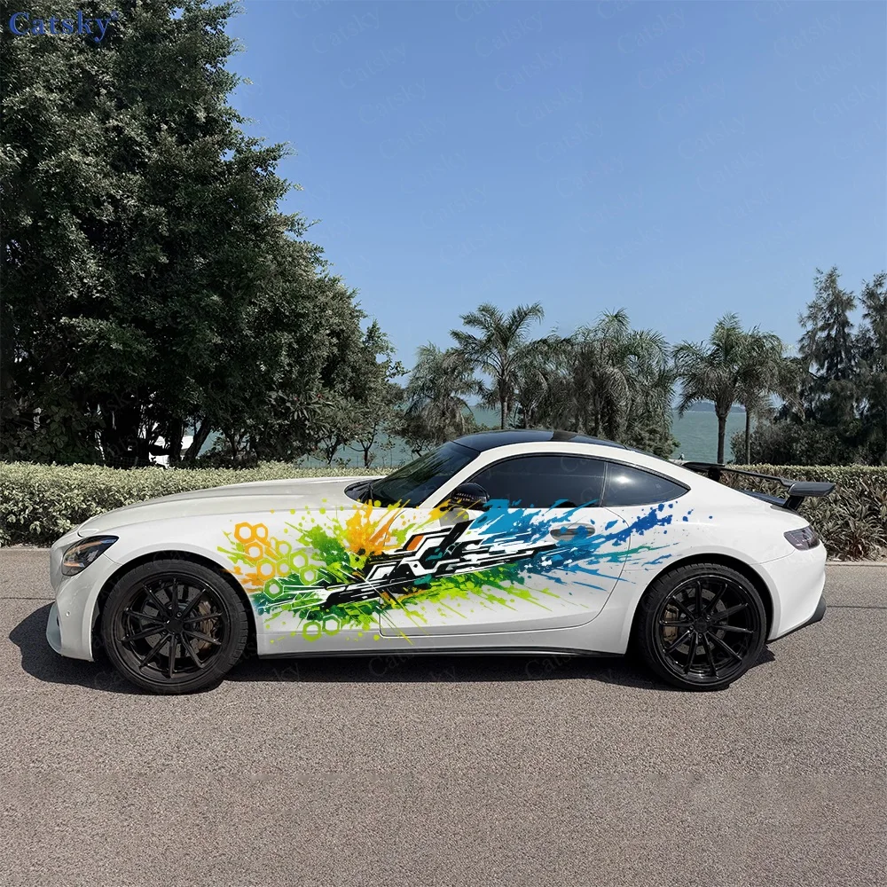 2Pcs Yellow Green Abstract Brush Streaks Car Body Side Sticker, Automotive Door Side Graphics for Cars, Car Decoration Accessory