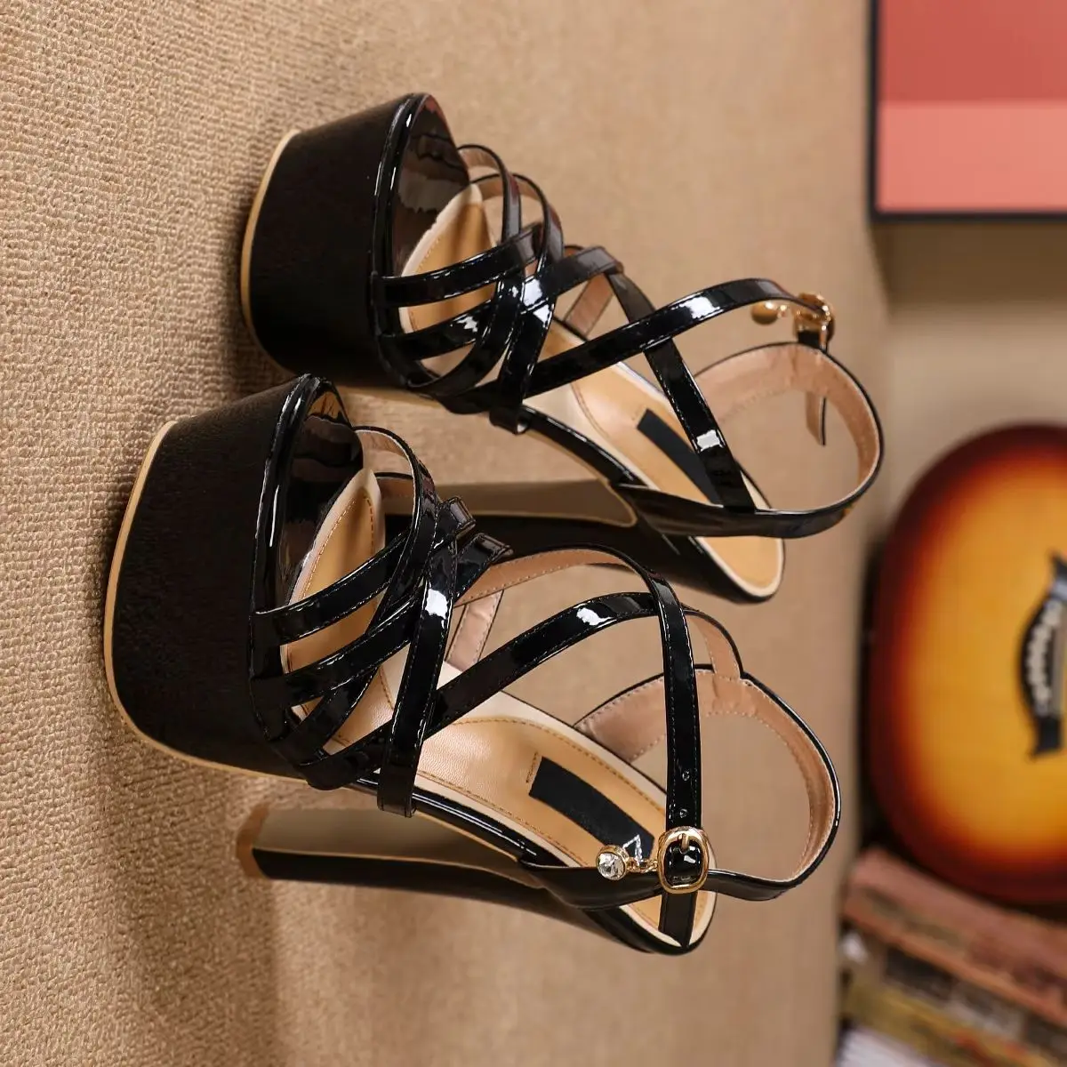 

Women High Heels Size 45 Summer Thin Strap Model Catwalk Shoes 14CM Stiletto Solide Platform Clun Party Nightclub Sandals Black