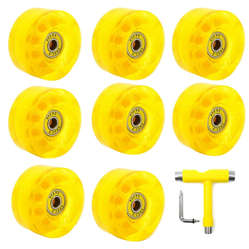 A89E-8 Pack 32 x 58mm 82A Roller Skate Wheels with Bearing,with Multi-Function Skateboard Roller Skating Accessories Yellow