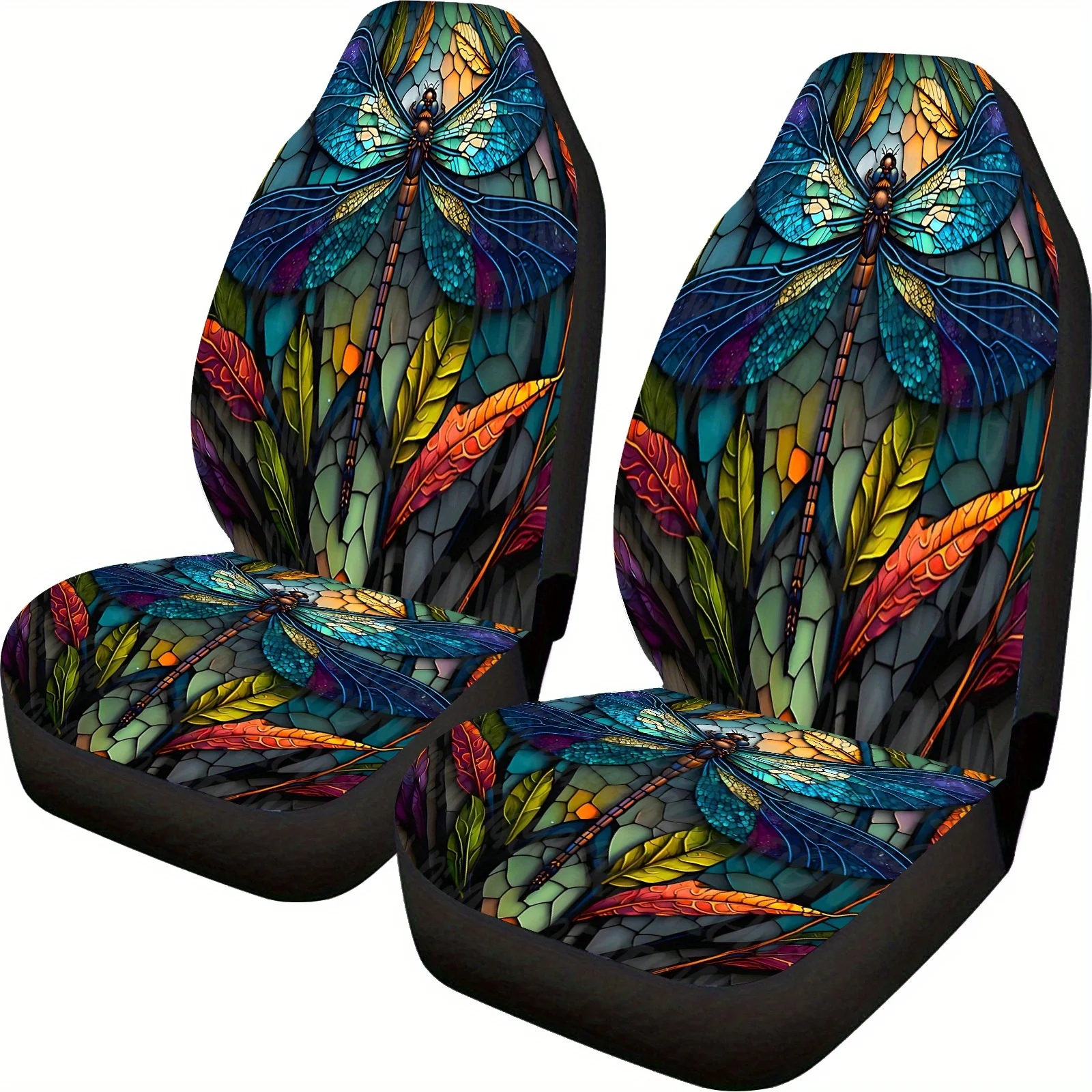 2pcs Green Dragonfly Print Car Seat Covers, Universal Front Seat Protectors For Cars And SUVs, Enhance Driving Comfort, Perfect