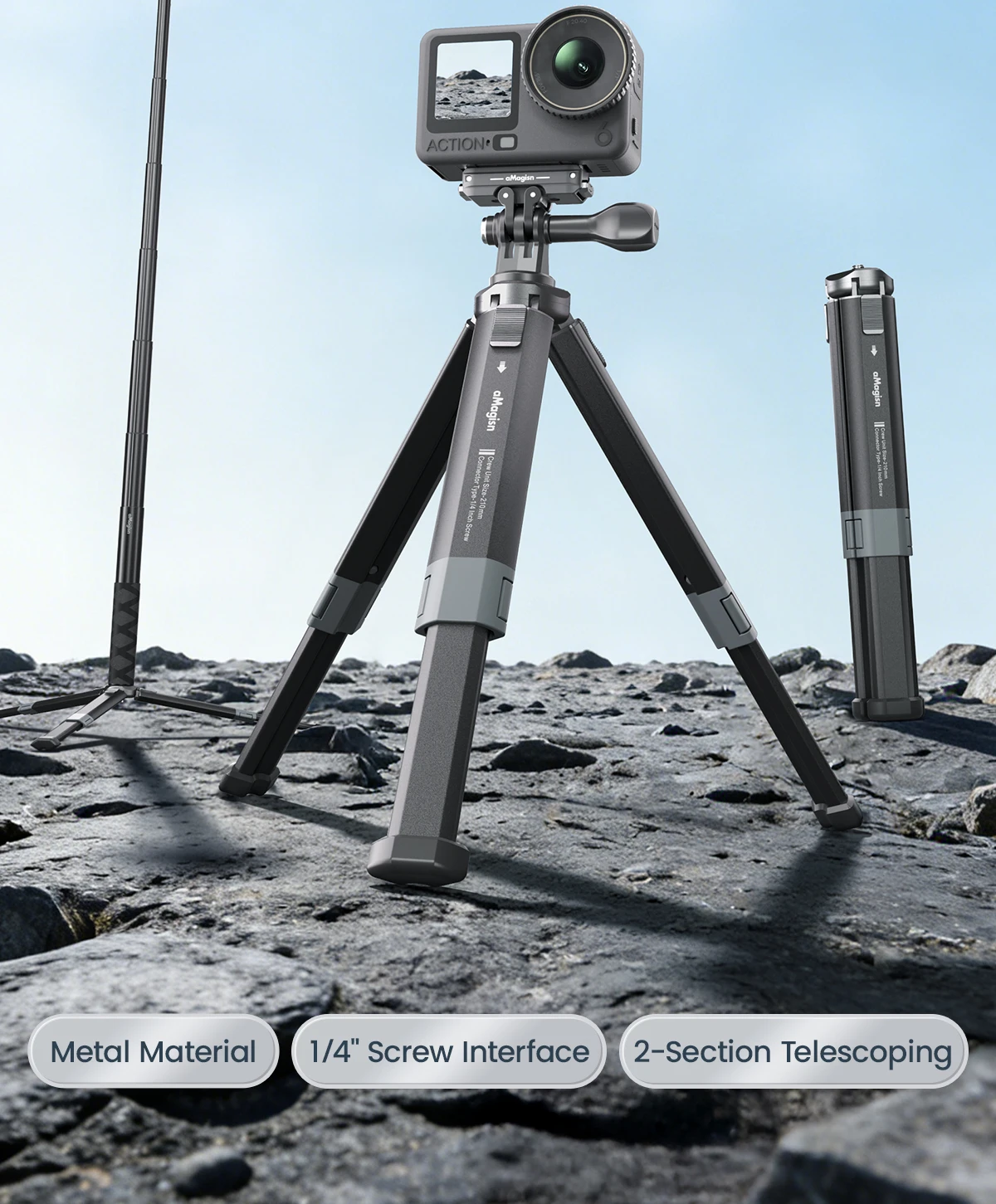 aMagisn Metall-Mini-Stativ für GoPro DJI Insta360 Action-Kameras, 2-stufig verstellbarer Winkel & einziehbare Beine – Detail 2