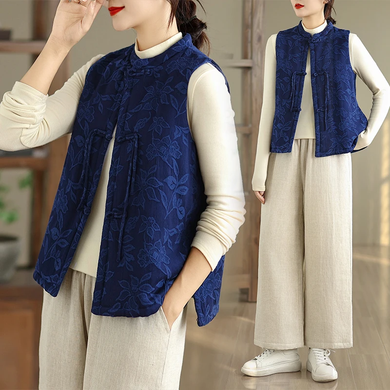 

Autumn Winter Thin Cotton Vest Handmade Embroidery Casual Loose Button-Up ort Sle Women's Faion Traditional Chinese S...