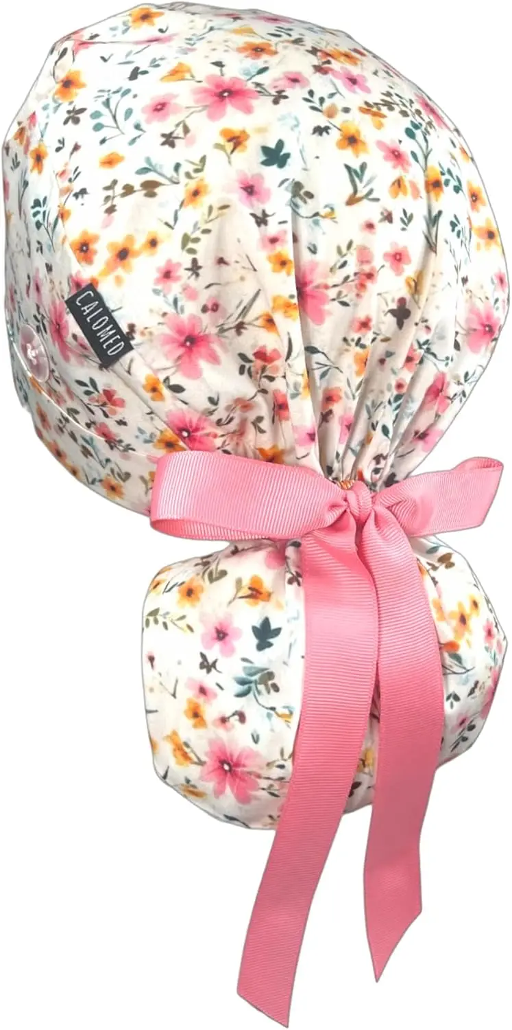 

Scrub Cap for Women Men with Ribbon Ties Buttons Ponytail Working Hat for Long Hair