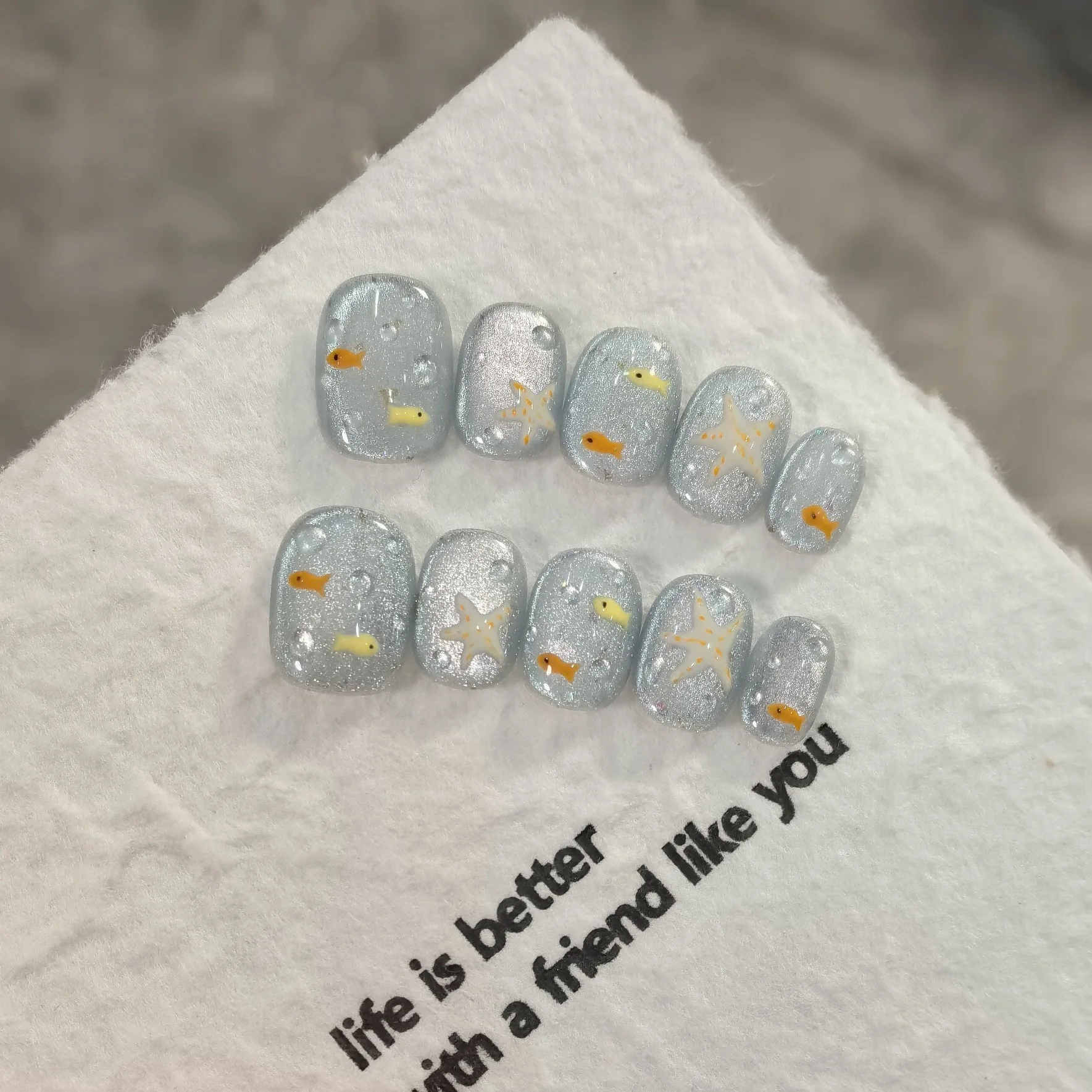 10pcs Handmade Press on Nails Blue Crystal Cat's Eye Cute Childlike Fish Bubble Fake Nail for Women&Girl Removable Wearable Nail