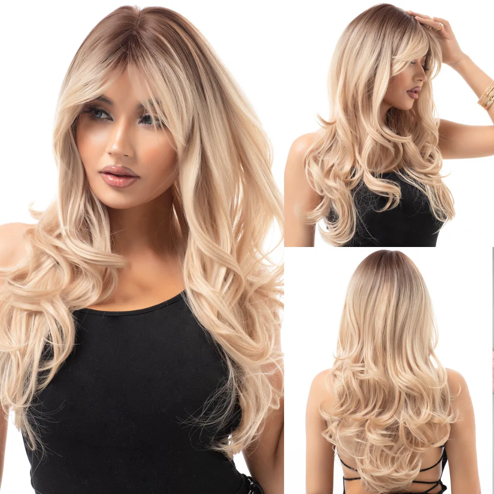

Europe beautiful woman long curly hair layered wig with bangs blonde wig suitable for daily use
