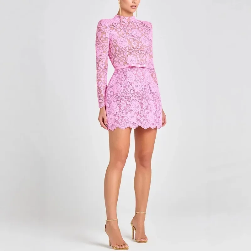 Durchsichtiges, langes, ausgestelltes Ärmel-Ausschnitt, Schnürung, schlankes Nachtclub-Partykleid für Damen, sexy Spitze, aushöhlen, figurbetontes Minikleid