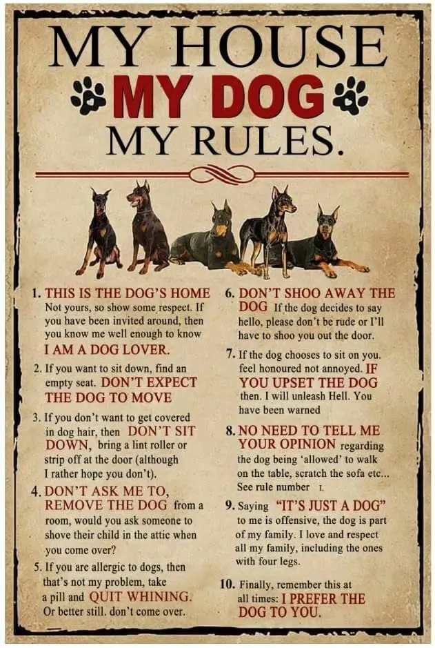 Tin Signs - My House My Dog My Rule Doberman Pinscher Homeation Tin Sign Home Wall Art Metal Sign Home Wall Art Bar Club Wall De