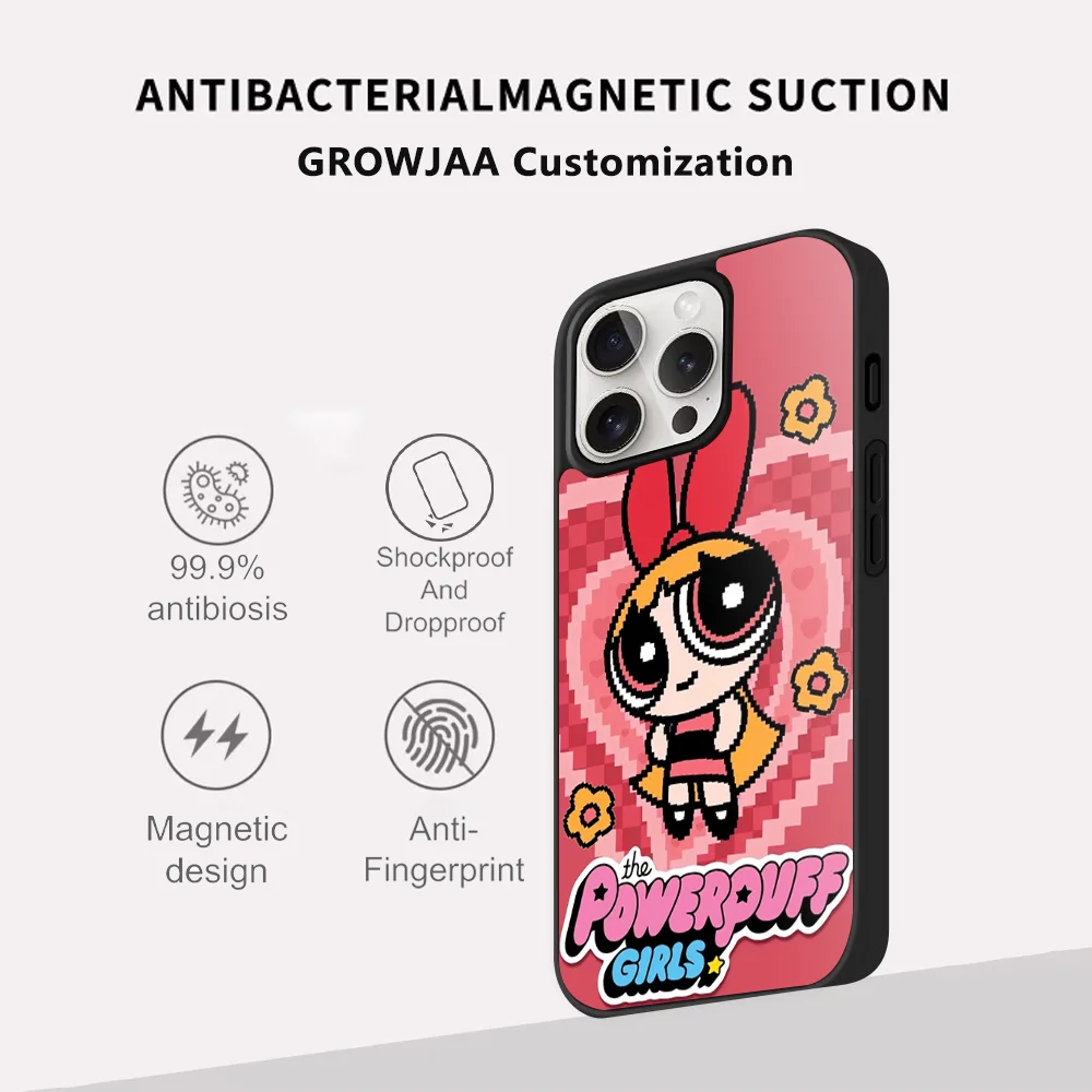 The P-Powerpuff Girls Cute Pixel Magnetic Phone Case For iPhone 15 14 13 12 11 Pro Max Plus Mini Shockproof Wireless magnetic