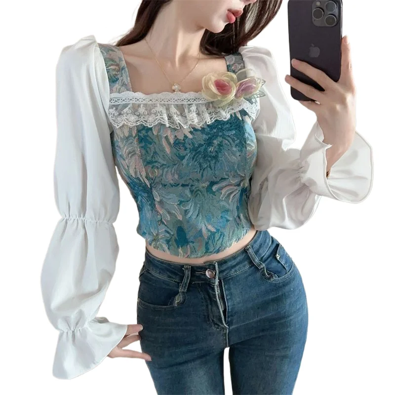 

French Vintage Temperament Bishop Sleeve Square Neck Jacquard Weave Women Spring Puff Sleeve Floral Slim Comfortable Short Tops
