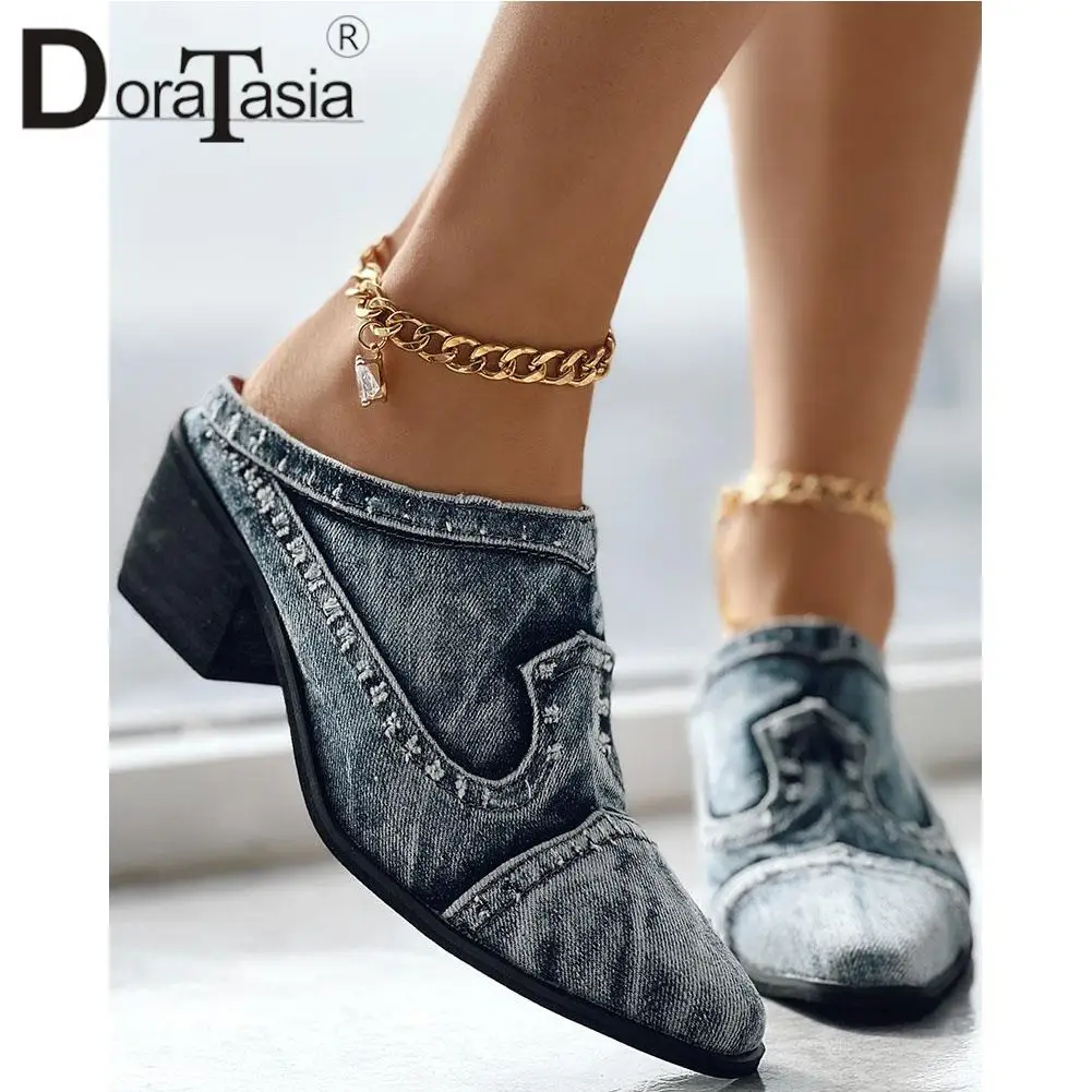 Brand New Ladies Pointed Toe Slides Fashion Chunky High Heels Summer women's Slippers Casual Party Retro Woman Shoes