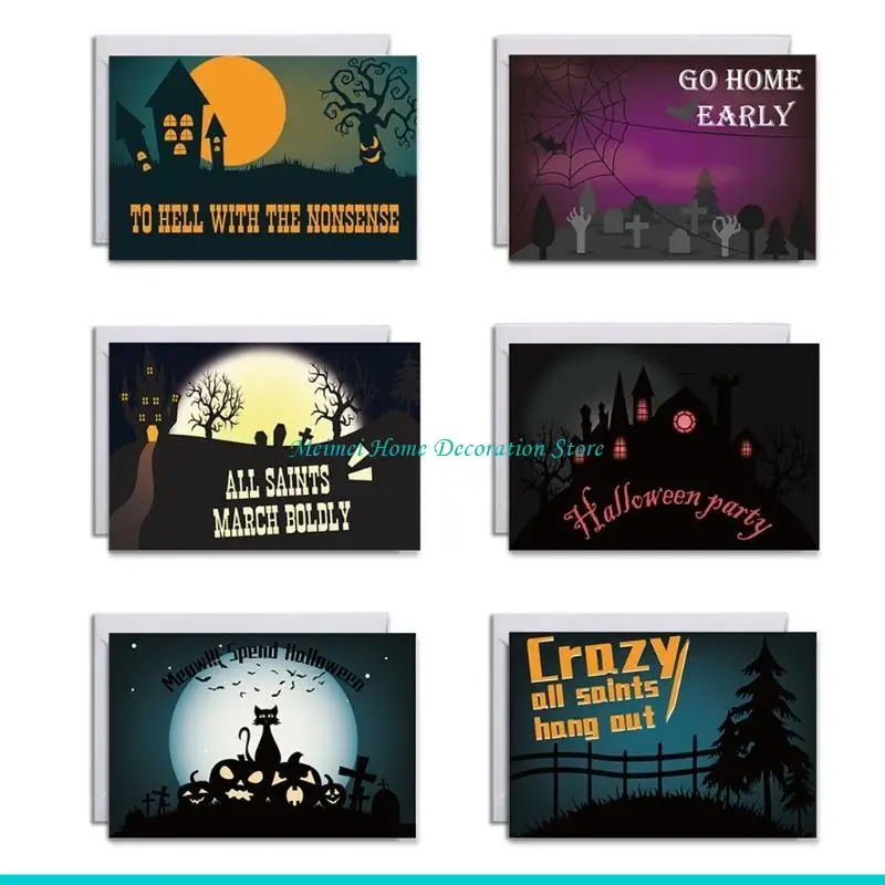 H7BF 6pcs/مجموعة بطاقات المعايدة هالوين مع ملصقات الأظرف Happy Halloween Night Design