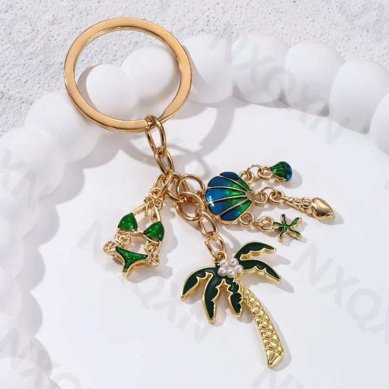 Cartoon Coconut Tree Shell Enamel Keychain Swimsuit Plant Summer Beach Key Ring For Women Men Friend Gift Handmade Jewelry Set