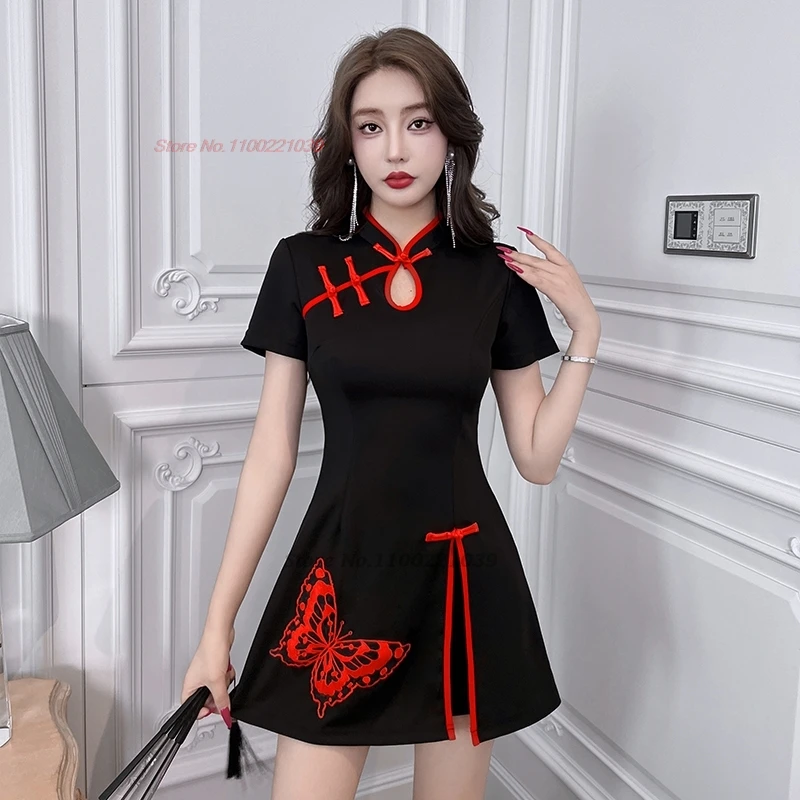 2024 chinese nightclub dress improved qipao butterfly embroidery qipao dress+shorts set banquet dress hotel spa work dress qipao