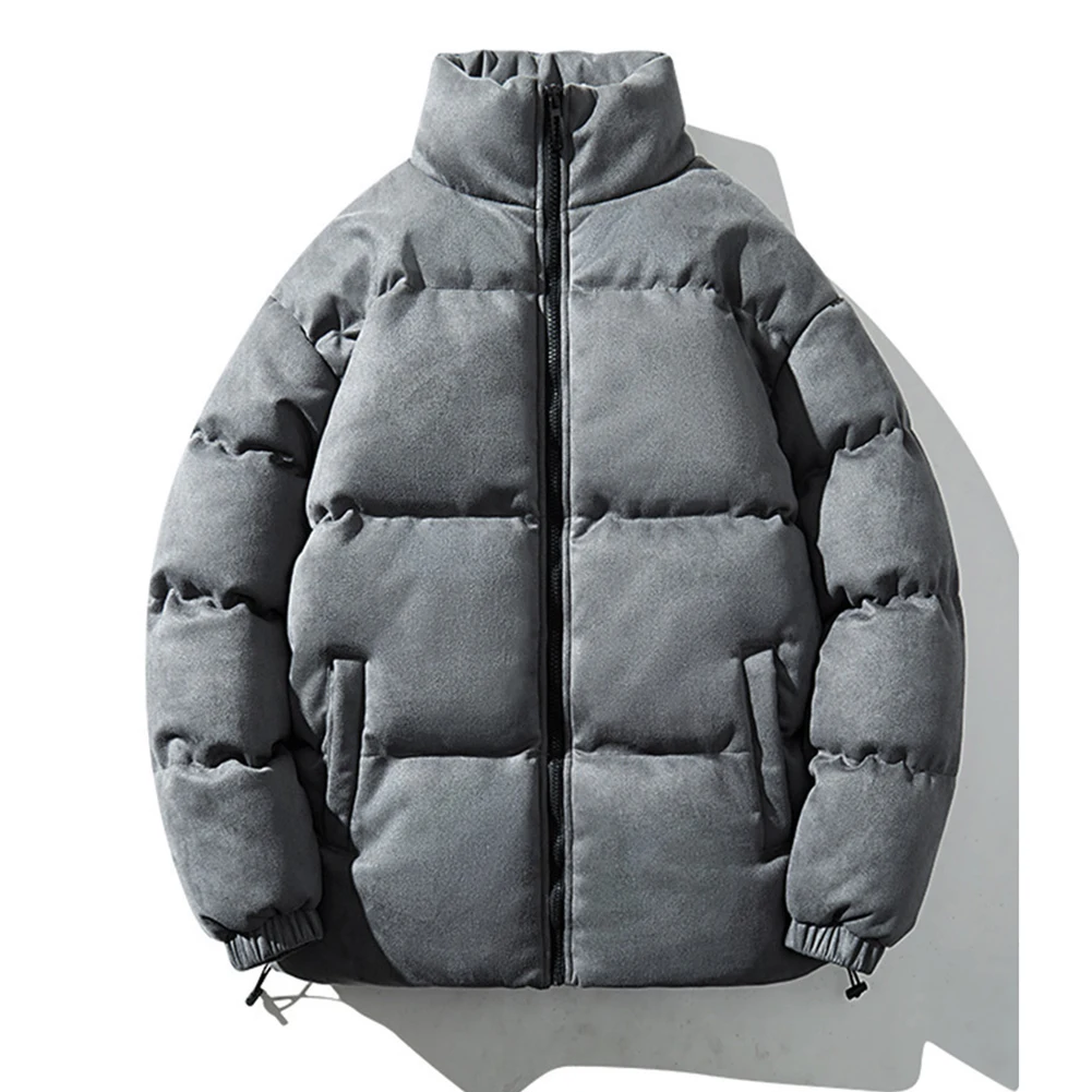 Mens Stand Collar Parkas Warm Solid Coat For Jacket Oversize Design with Drawstring Hem Suede for Casual Daily Use