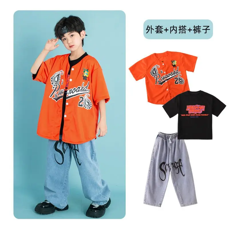 Kids Street Dance Clothing Hip Hop Costume Girls Orange Cardigan Baggy Pants Boys Kpop Costume Jazz Stage Show Wear 6 8 10 12 Y