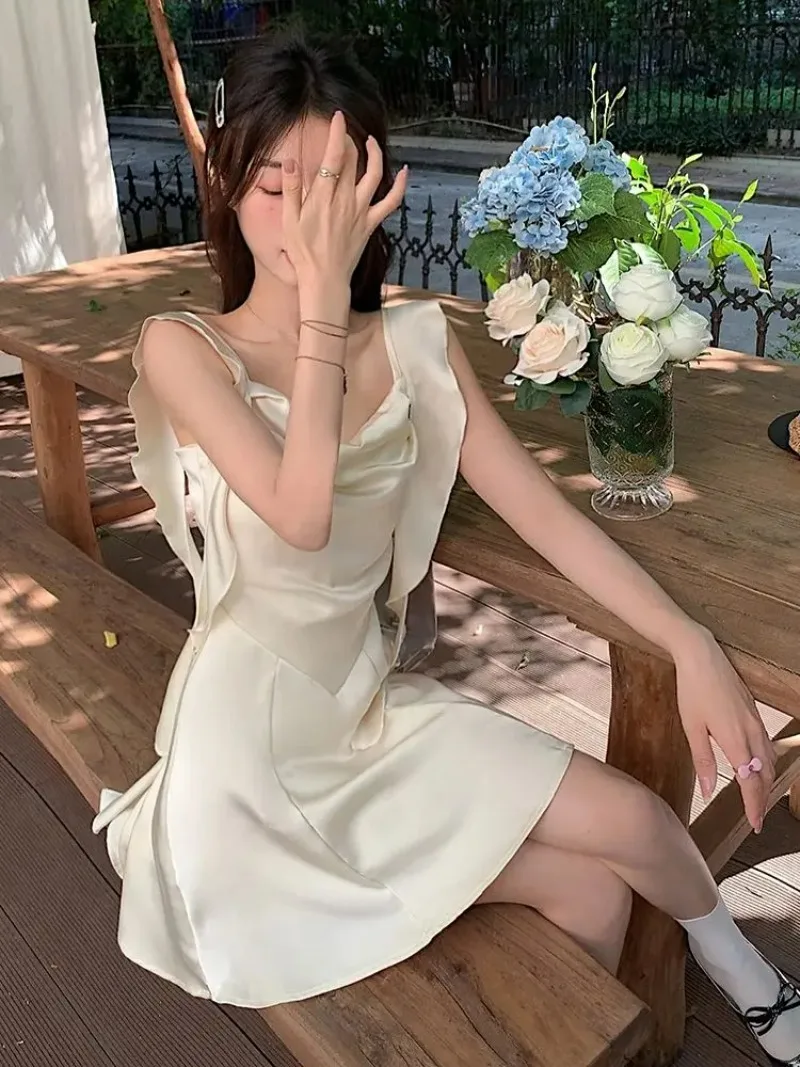 Korean Fashion Satin Dress Women 2025 New Spring Summer Ribbon Waist Cinching Slimming Camisole Sweet Dress for Woman