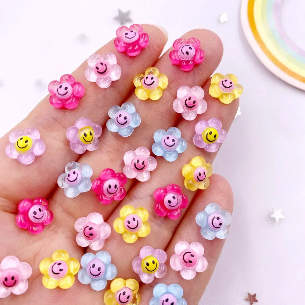 50pcs Resin Mini Colorful Smiling Sunflower Art Nail Flatback Flower Rhinestone Appliques DIY Scrapbook Decor Accessories Crafts