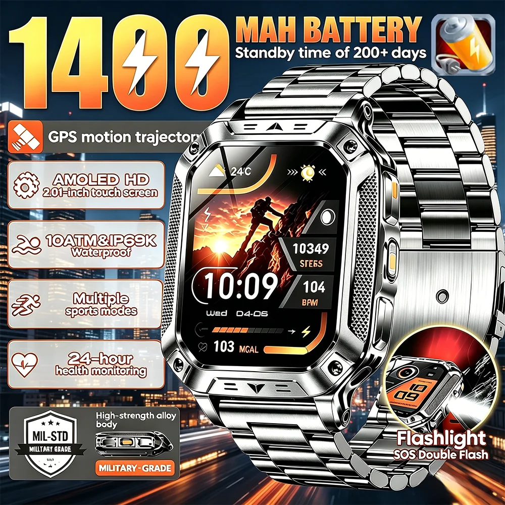 

2026 New Built-in 1400mAh Super Large Battery Men Smart Watch Outdoor GPS 2.01"AMOLED Screen 10ATM Waterproof BT Call Smartwatch