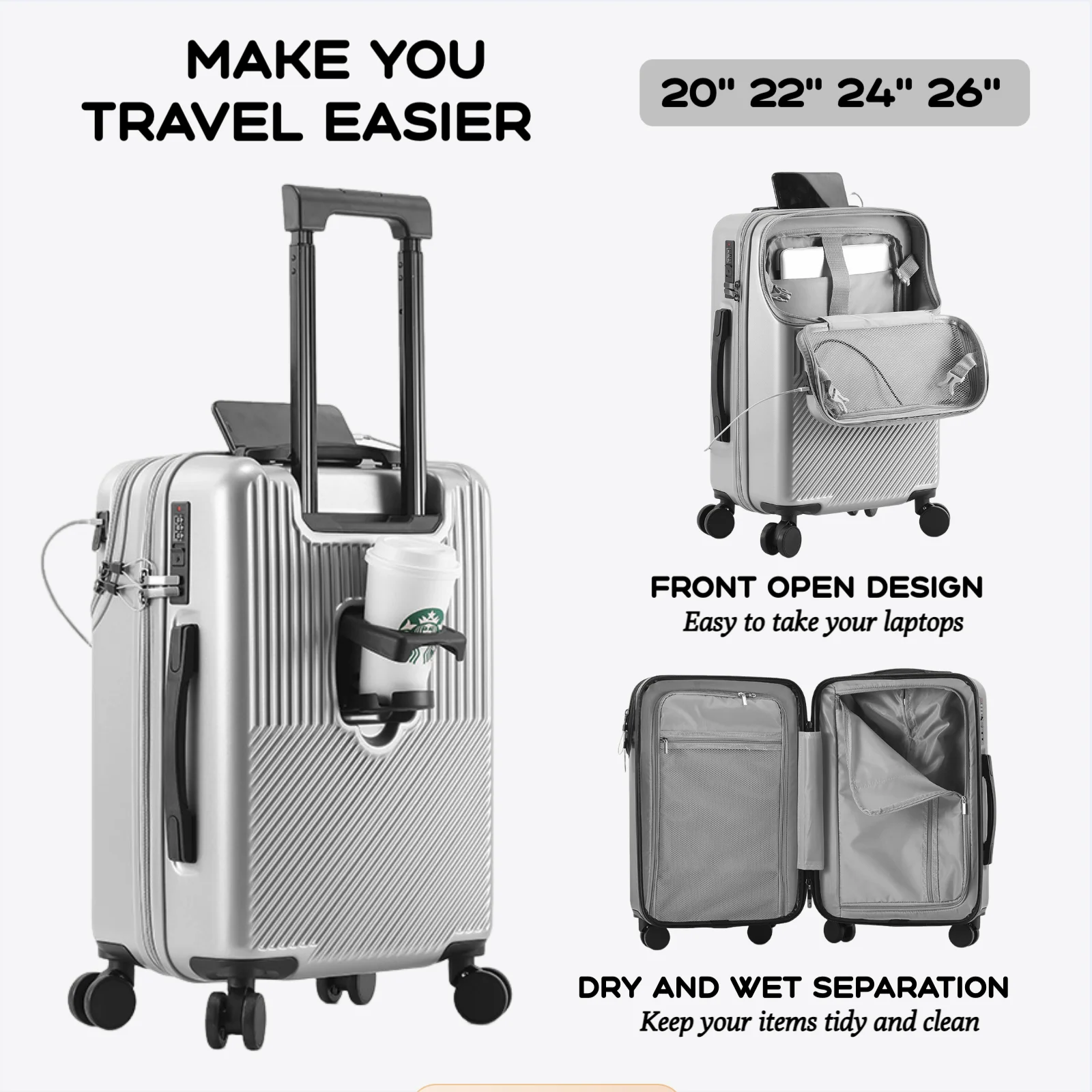 2024 New Durable Luggage Sets Suitcase Front Open TSA Lock USB Slient Spinner Wheel Charging Men Carry-On Travel 20/22/24/26