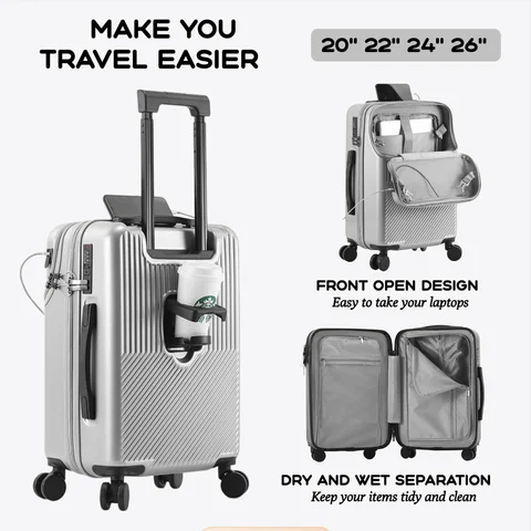 2024 새로운 내구성 수하물 세트 가방 전면 오픈 TSA 잠금 USB Slient 스피너 휠 충전 남성 휴대 여행 20/22/24/26