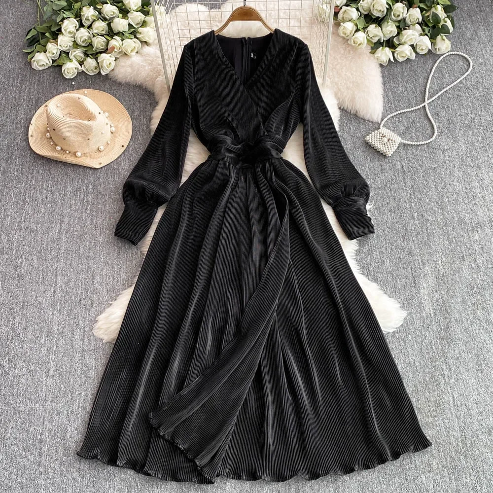 Elegant Long Sleeves Vintage V-neck Chic Fashion Split Slim Pleated Dresses French Evening High Street Autumn Winter Clothing