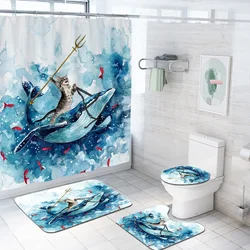 Cat Riding Whale Ocean Wave 3D Print Shower Curtain Set Polyester Waterproof Bathroom Curtains  Toilet Partition WC Bath Rugs