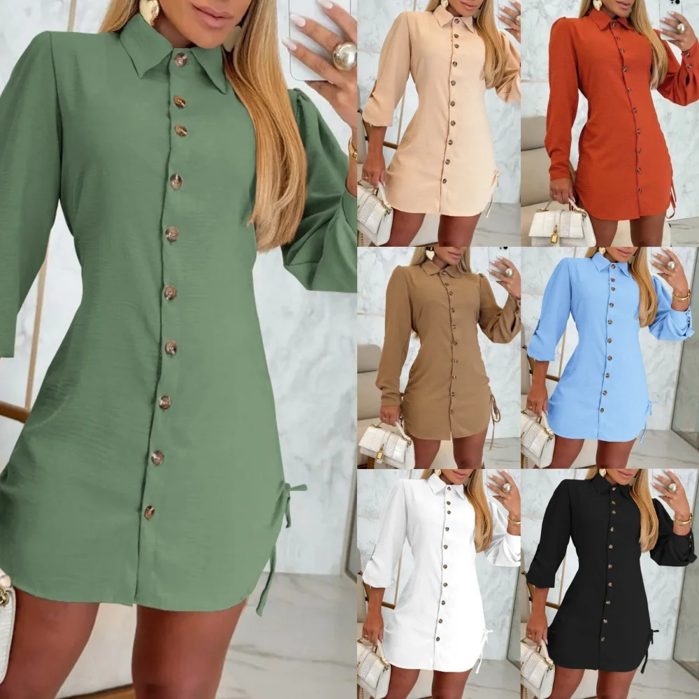 Women 2025 Autumn Solid Button Mini Shirt Dress Long Sleeve Side With Drawstring Lace Up Army Dress Office Lady OL Short Dresses