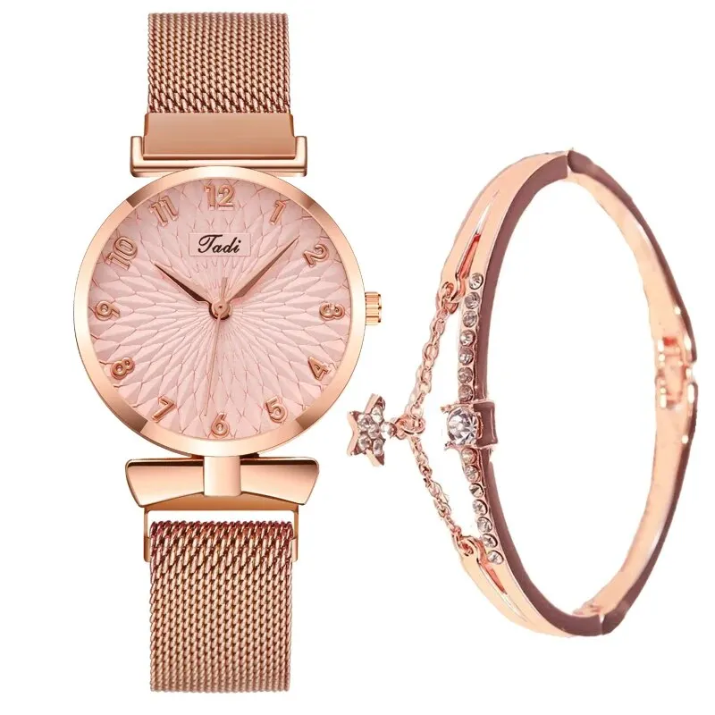 2PCS Set Women\'s Watch Set Trendy Pink Design Mesh Belt Alloy Wristwatch Fashionable Timepiece Quartz Watch Lady