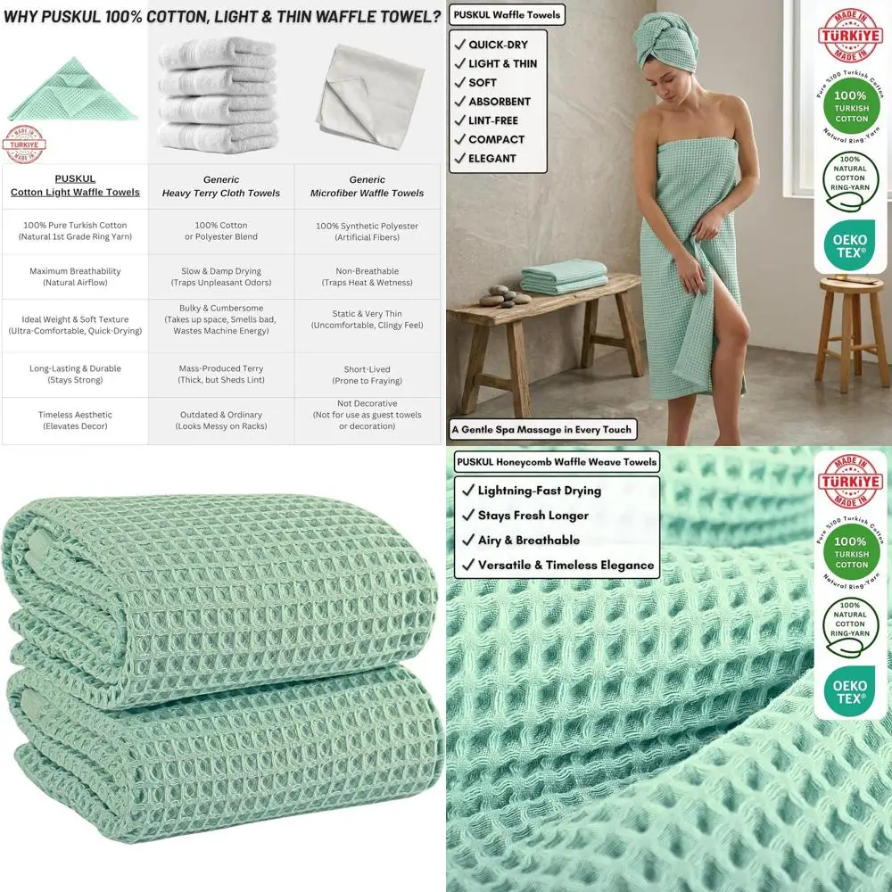 

Набор из 2-х очень больших банных полотенец из 100% хлопка, 32x63 дюйма, быстросохнущие, премиум-качество, цвет ледяной зелени