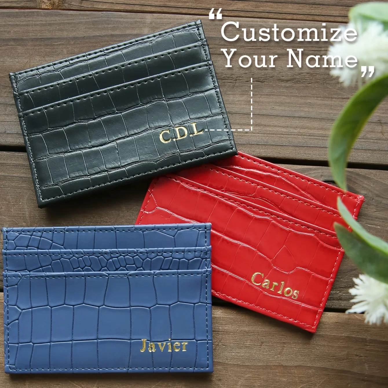 1PC Custom Name Faux Crocodile Leather Card Holder Alligator Texture Slim Card Wallet Hot Stamping Name Chic Card Leather Wall