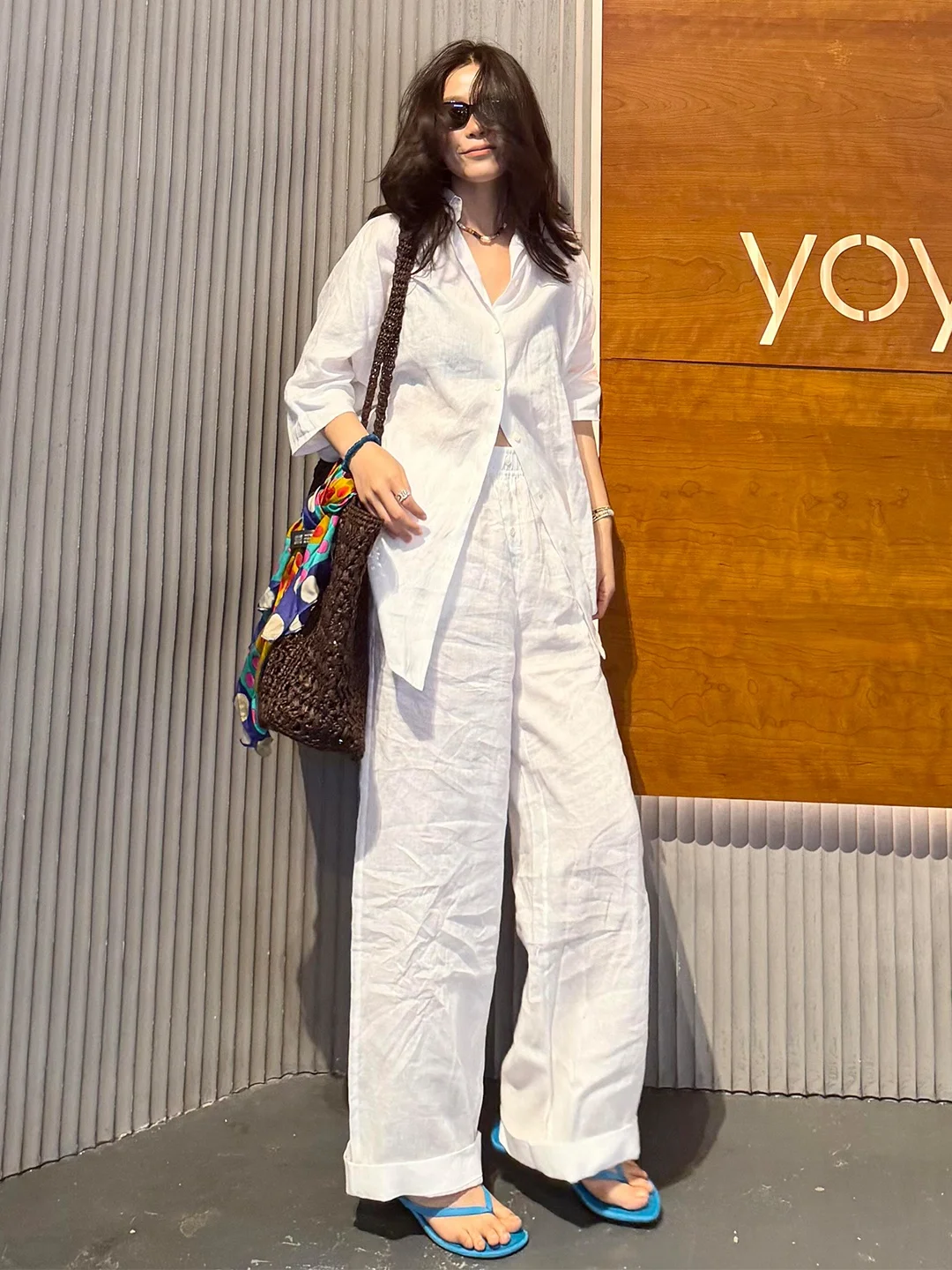 

High-End Cotton Linen Shirt Sun Protection Clothing Set Women Summer Loose Feeling Sunscreen Outerwear Linen Pants Two-Piece Set