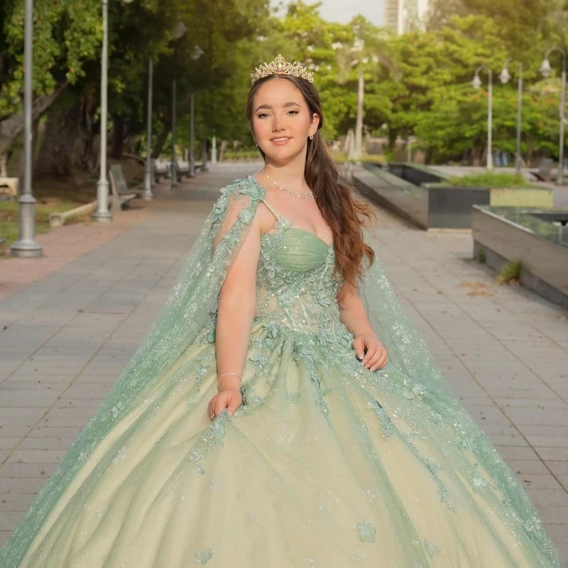 2024 Sage Green Quinceanera Dresses Ball Gown Spaghetti Strap Lace Beading Tulle Lace-Up Backless Party Princess Sweet 16 Dress