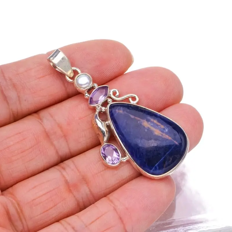 StarGems Natural Navy Sodalite&Amethyst And River Pearl Handmade 925 Sterling Silver Pendant 2 1/4