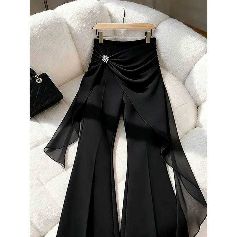 Drape Black Micro-pull Pants Waist Diamond Bow Design Thin Elegant Commuting Versatile Single Item Asymmetrical Ribbons Trousers