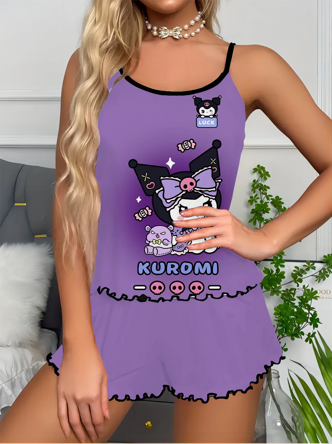 Kuromi Women's Pajamas Printed Suspender Top Shorts Cute Sweet Sexy Slim Fit Satin Home Pajamas Round Neck Suspender